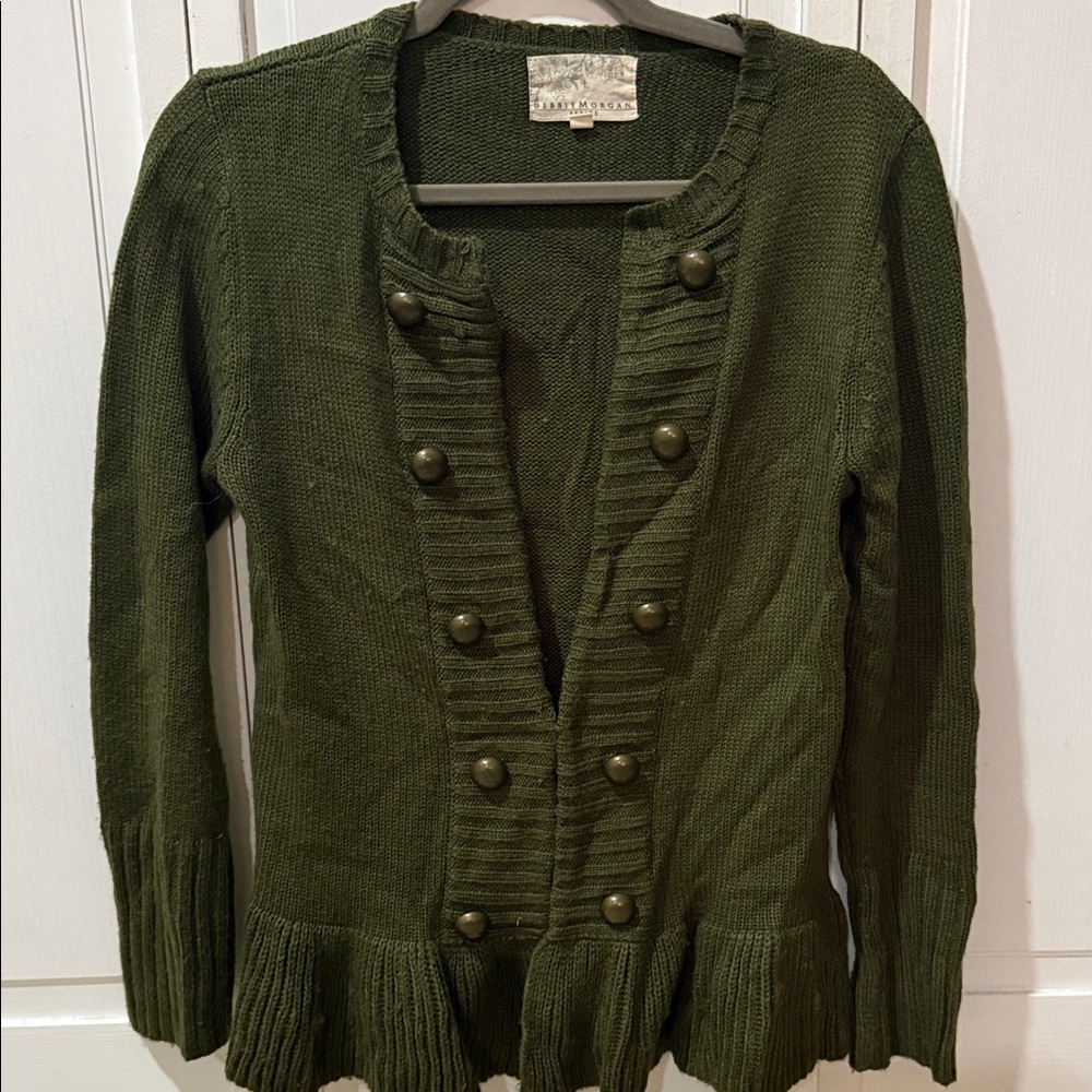 Olivia Moon Dark Olive Green Double-Breasted Peplum Cardigan - Picture 2 of 6